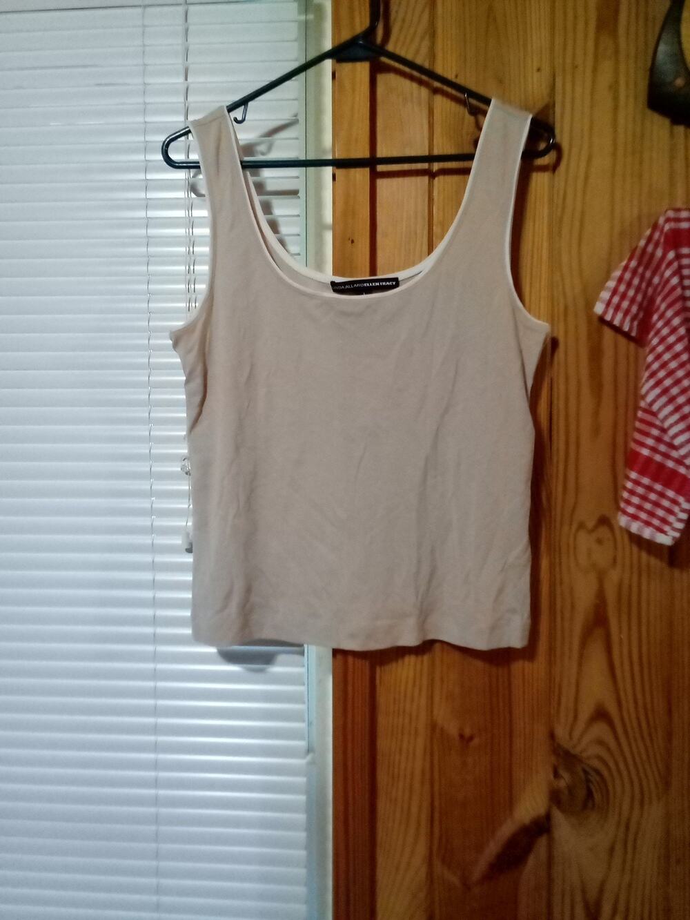 Linda Allard Ellen Tracy Cotton Nylon Beige Tank Top Trimmed In White